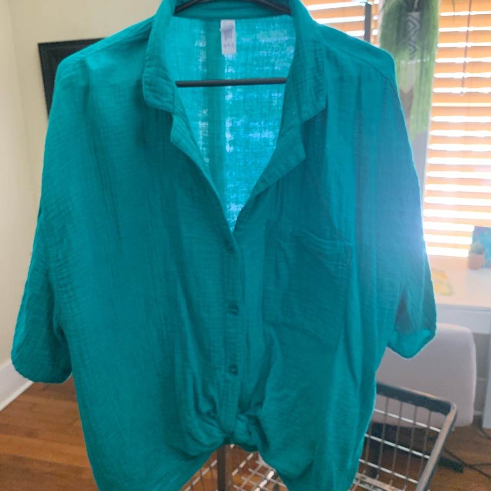 Kelly Green oversized button down linen style top